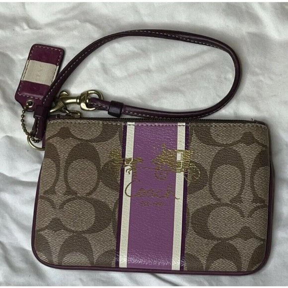 Coach Handbags - Coach Canvas Small Wristlet Purple and White Stripe C Design